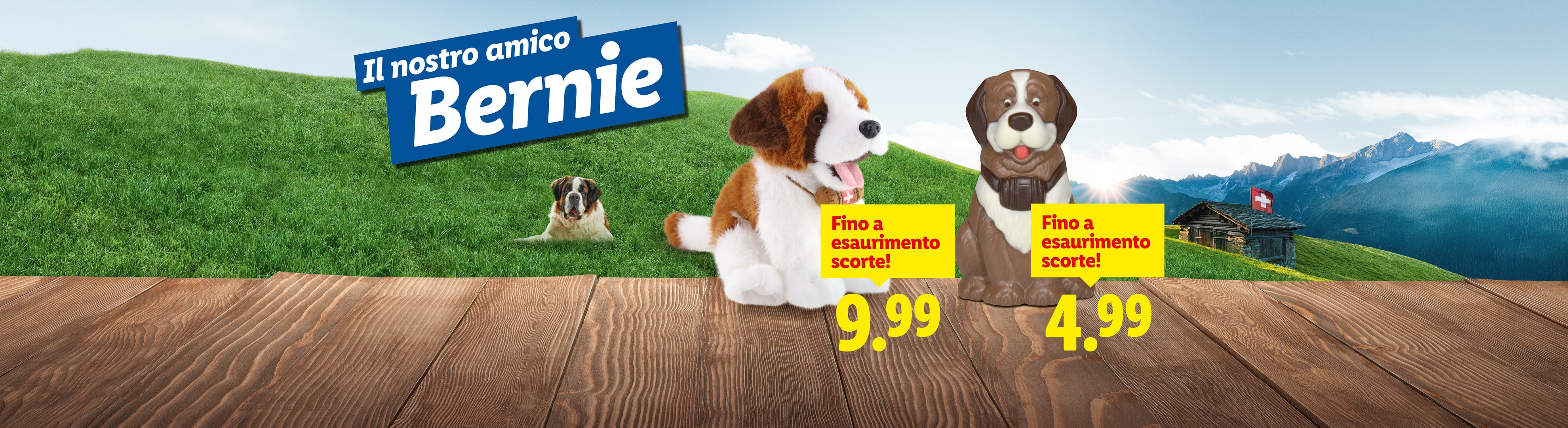 Peluche e statuetta di San Bernardo 'Bernie' con prezzi e testo 'Fino a esaurimento scorte'.
