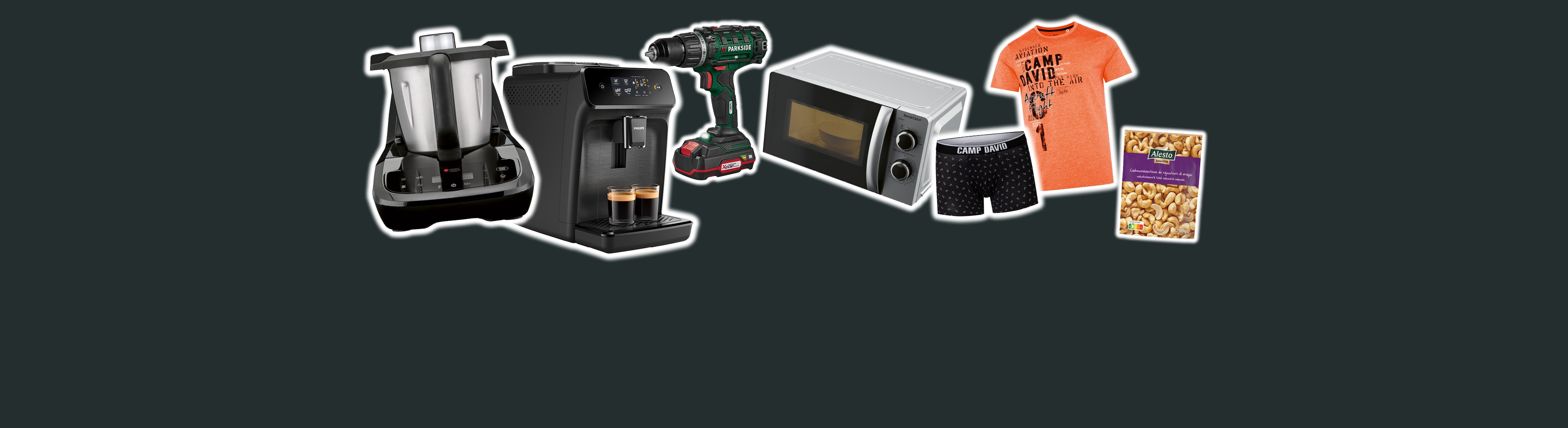 Robot da cucina, macchina da caffè Philips, trapano Parkside, microonde, abbigliamento Camp David, anacardi Alesto.