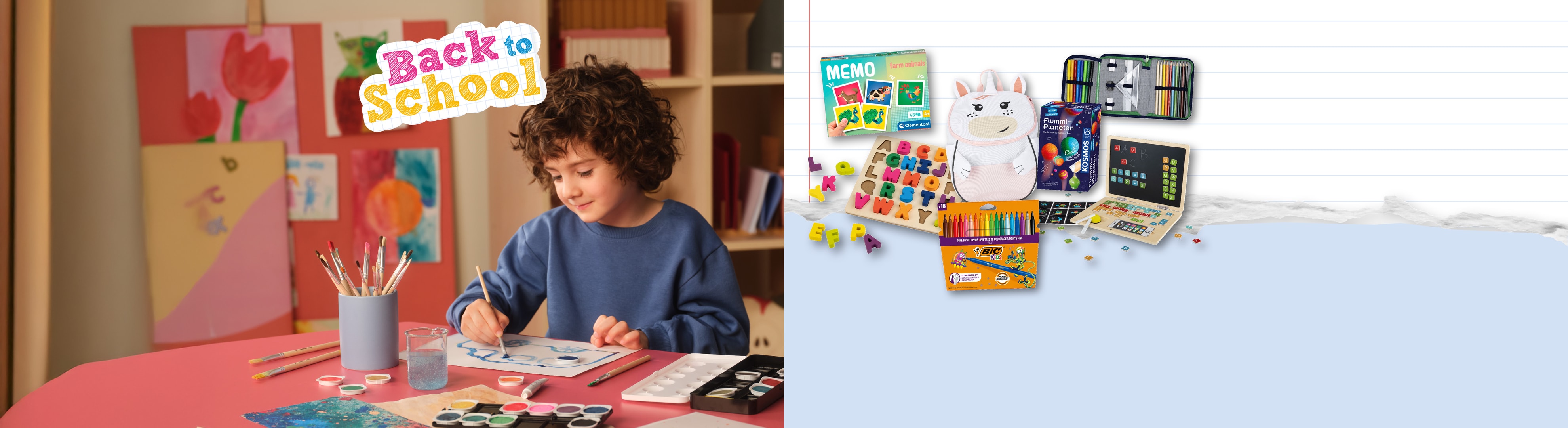Fournitures scolaires comme trousse, sac à dos, stylos, jeux éducatifs et kits de bricolage sur fond 'Back to School'.