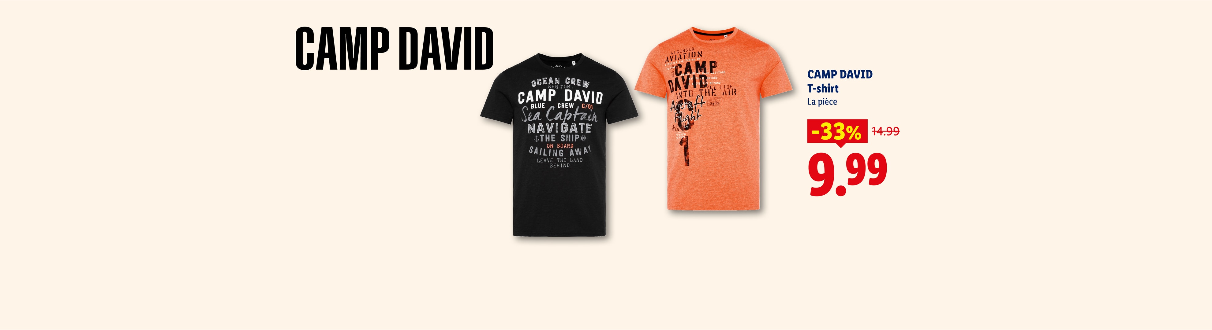 Deux t-shirts pour hommes, un noir avec un motif marin et un orange avec un motif d'aviation, en promotion.