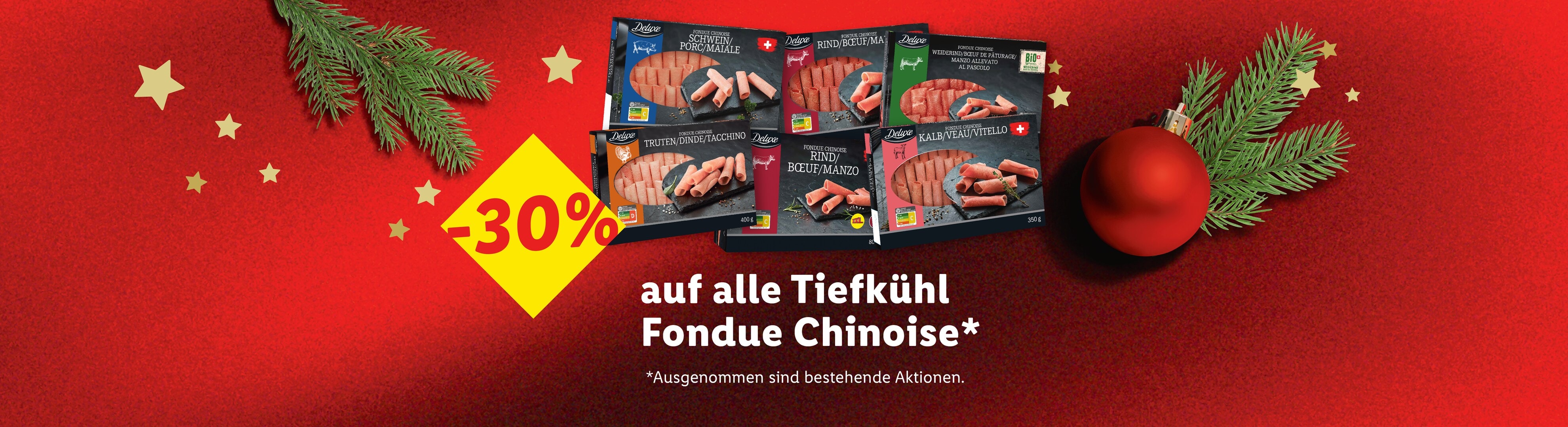 30% Rabatt auf Deluxe Tiefkühl-Fondue Chinoise, mit Schweine-, Rind-, Truten- und Kalbfleisch.
