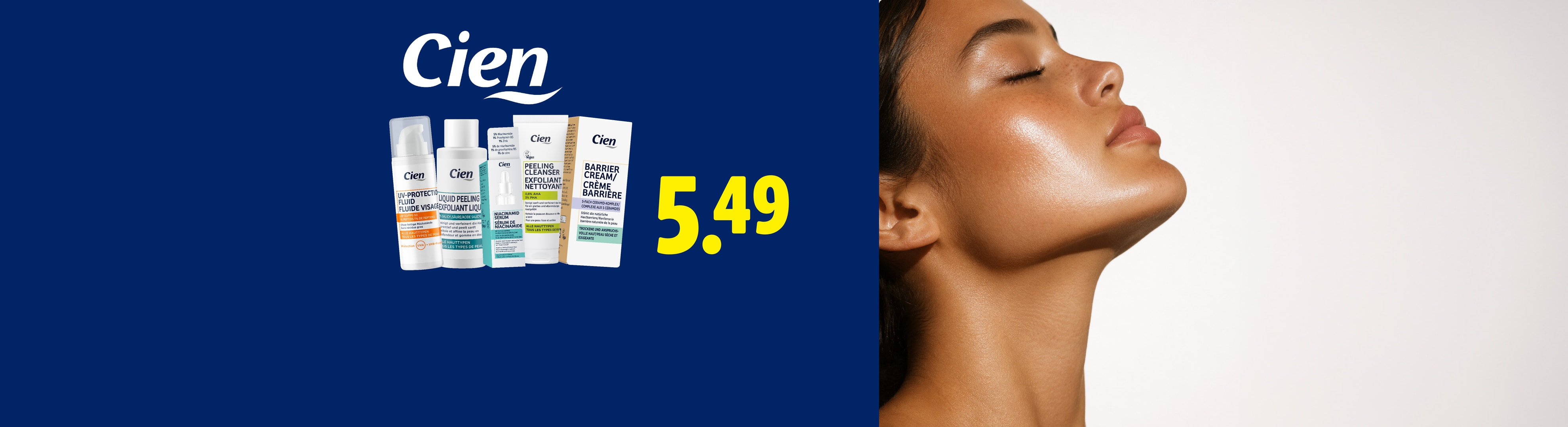 Hautpflegeprodukte, darunter UV-Fluid, Liquid Peeling, Niacinamid-Serum und Barrier Cream, für 5,49€.