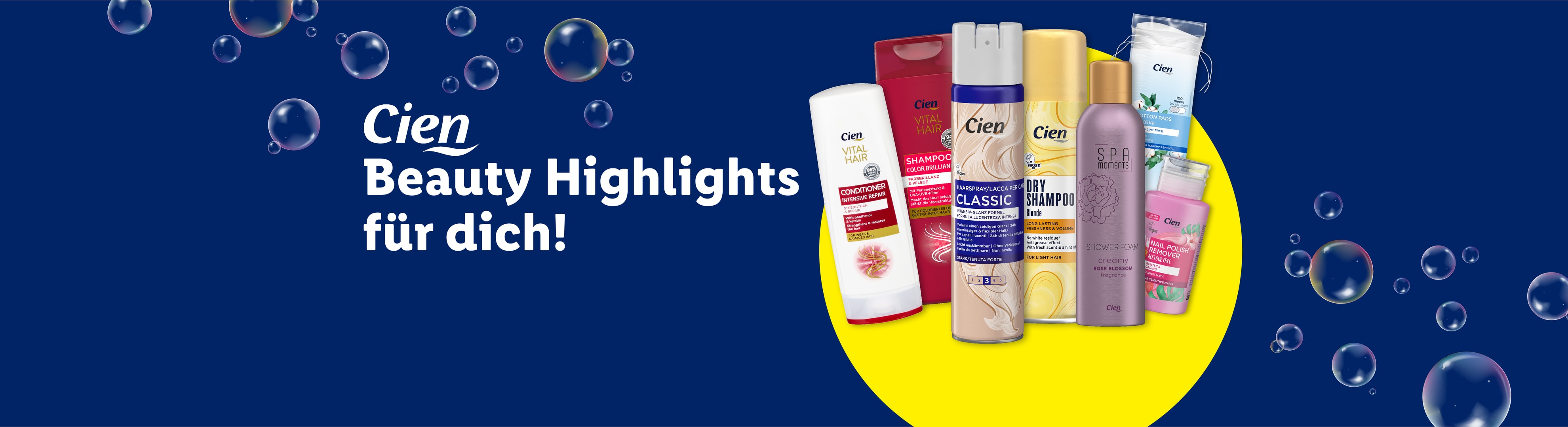 Haar- und Körperpflegeprodukte auf blauem Hintergrund mit Blasen, mit dem Text 'Beauty Highlights für dich!'