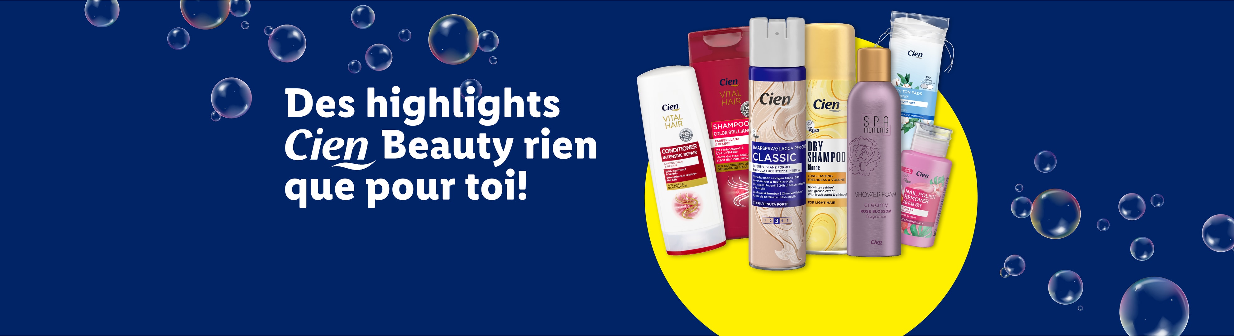 Produits de soins capillaires et corporels, avec shampoing, après-shampoing, laque et gel douche.