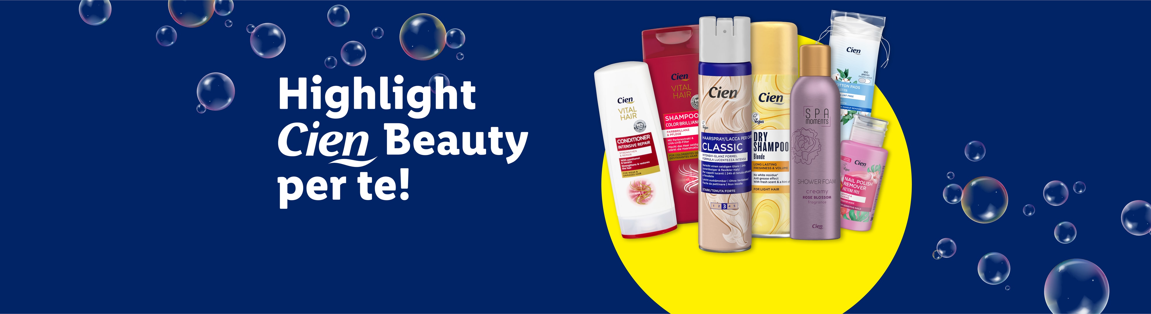 Prodotti per la cura dei capelli e del corpo, tra cui shampoo, balsamo, lacca, shampoo secco, schiuma doccia e solvente per unghie.