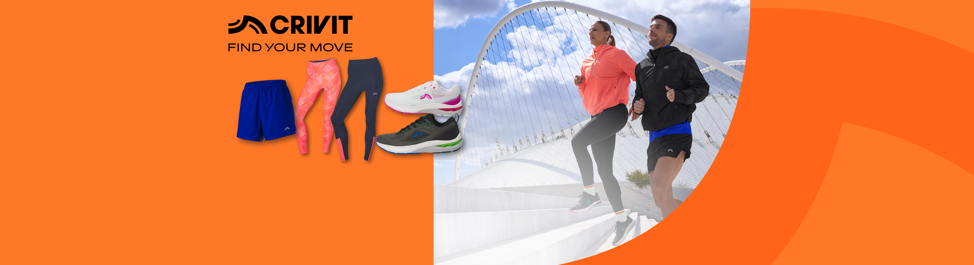 Abbigliamento e scarpe da corsa, con lo slogan 'FIND YOUR MOVE'.