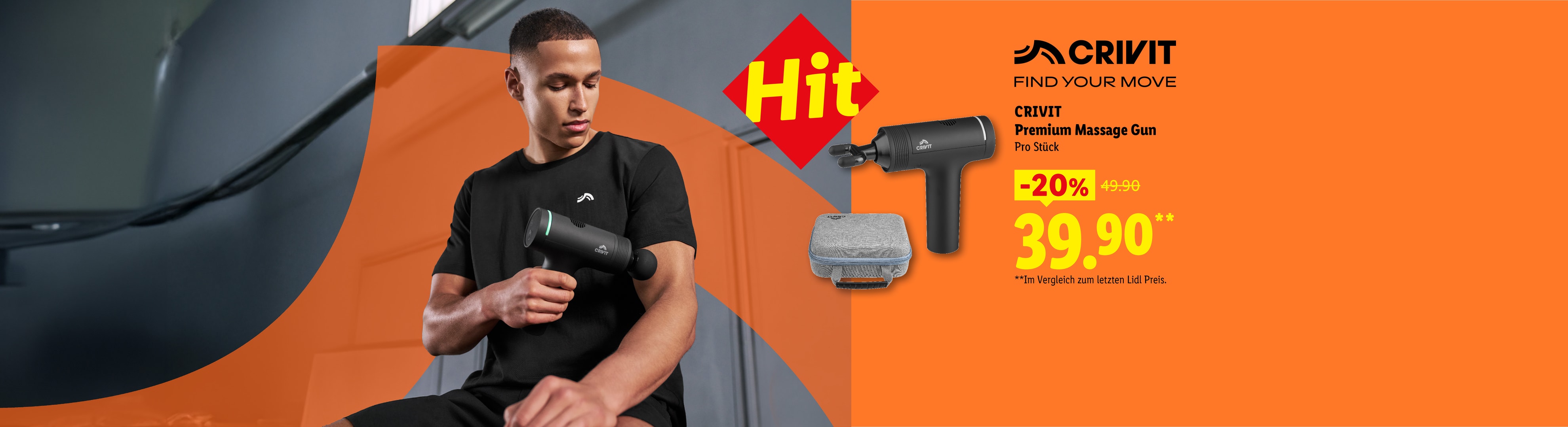 Mann benutzt Massagepistole, mit einem Angebot von 20% Rabatt für 39,90€.