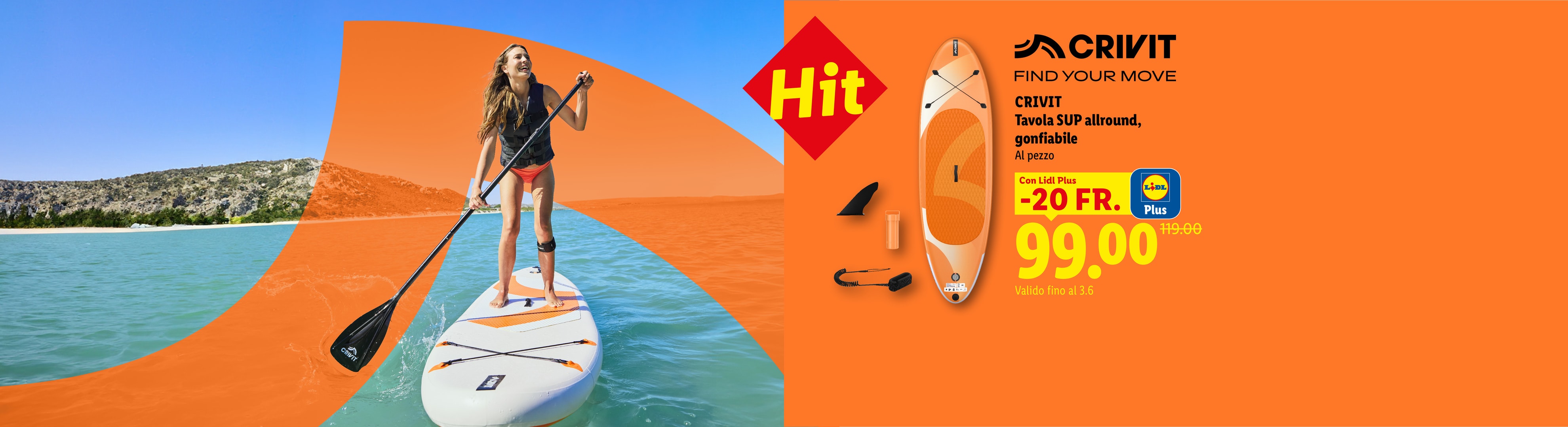 Una donna su una tavola SUP gonfiabile sull'acqua, con un'offerta per una tavola SUP.