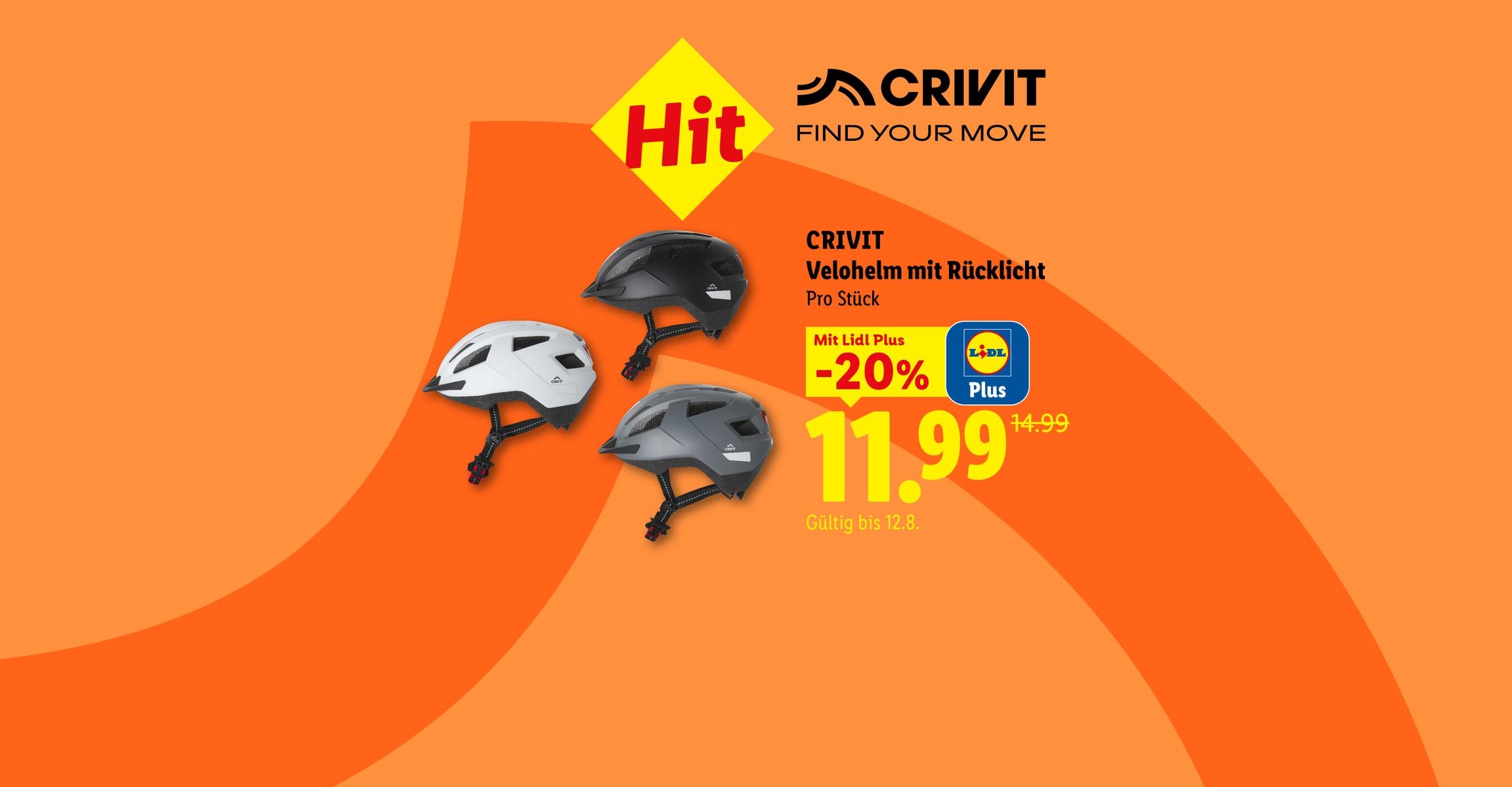CRIVIT Velohelm mit Rücklicht Pro Stück Mit Lidl Plus -20% CHF 11.99 Gültig bis 12.8.