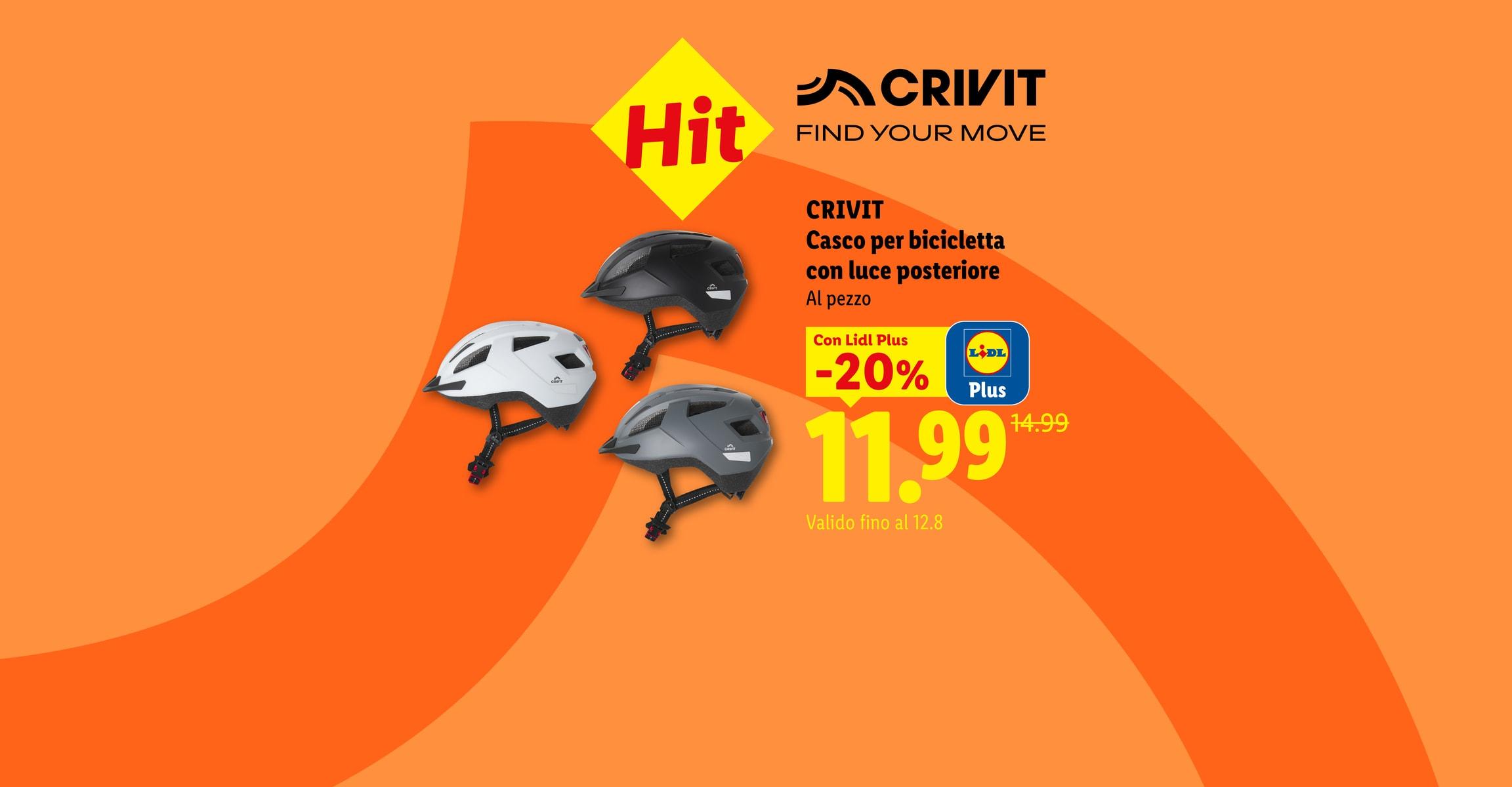 CRIVIT Casco per bicicletta con luce posteriore Al pezzo Con Lidl Plus -20% CHF 11.99 Valido fino al 12.8