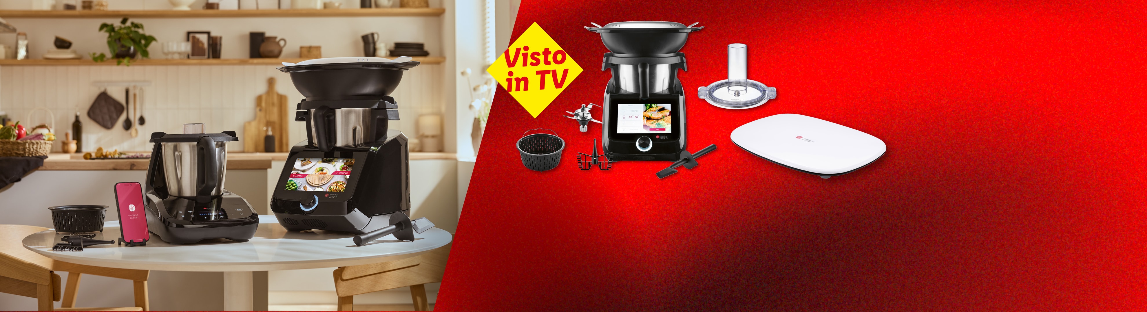 Due robot da cucina Monsieur Cuisine in una cucina moderna, con accessori su sfondo rosso.
