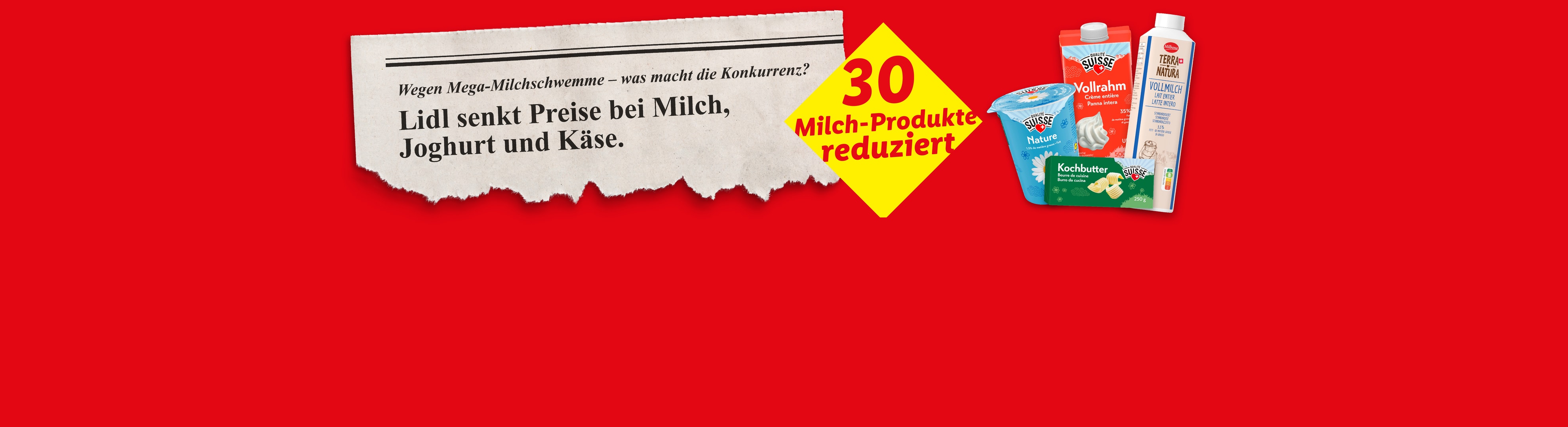 Zeitungsartikel über Lidl, der die Preise für 30 Milchprodukte senkt, mit Milch, Sahne, Joghurt und Butter.