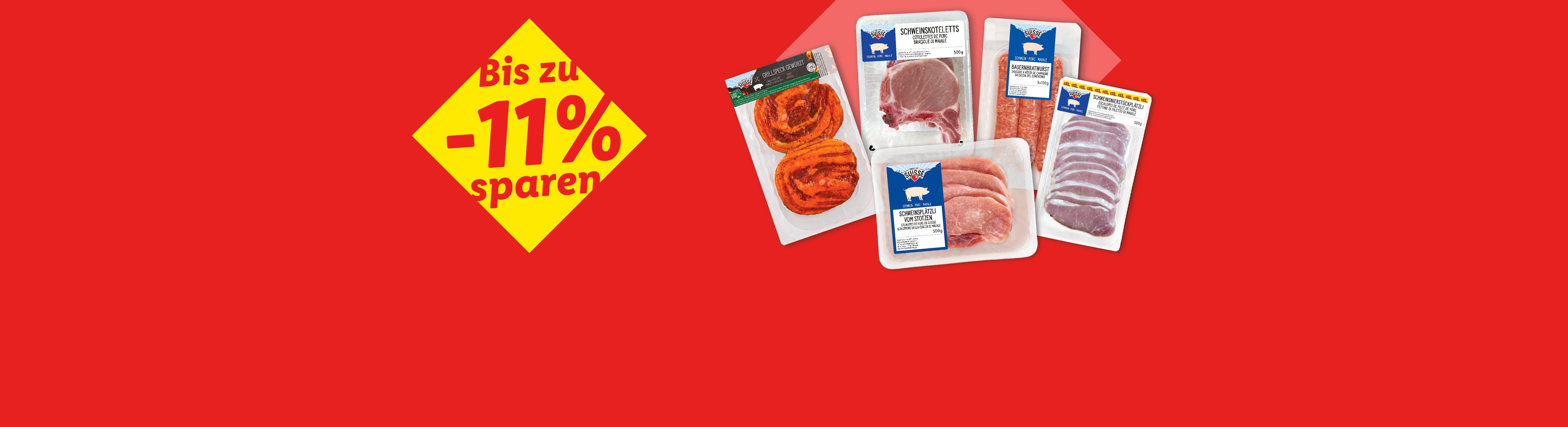 Verschiedene Schweinefleischpackungen, darunter Koteletts und Würste, mit bis zu 11% Rabatt.