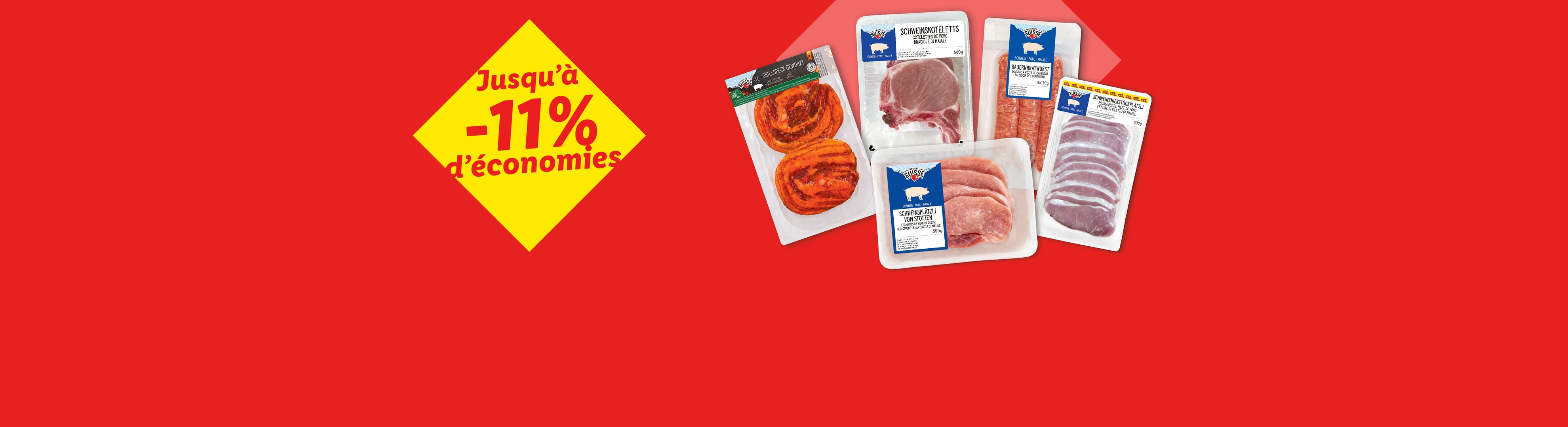 Viande de porc emballée comme des côtelettes et des saucisses avec jusqu'à -11% d'économies.