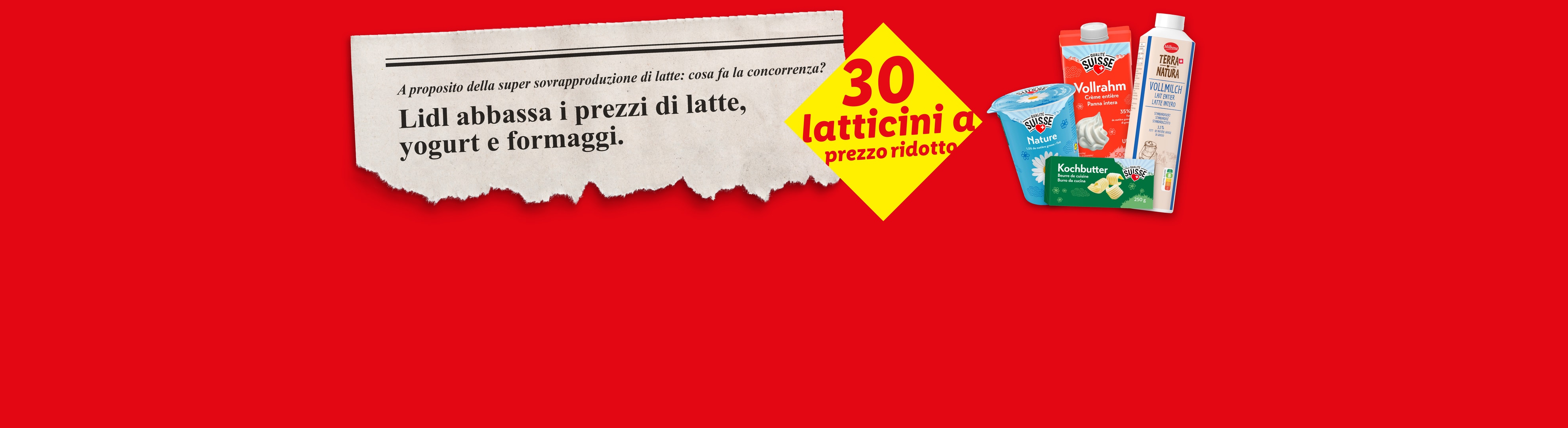 Un ritaglio di giornale annuncia che Lidl abbassa i prezzi di latte, yogurt e formaggi, con 30 latticini a prezzo ridotto, affiancato da prodotti lattiero-caseari.