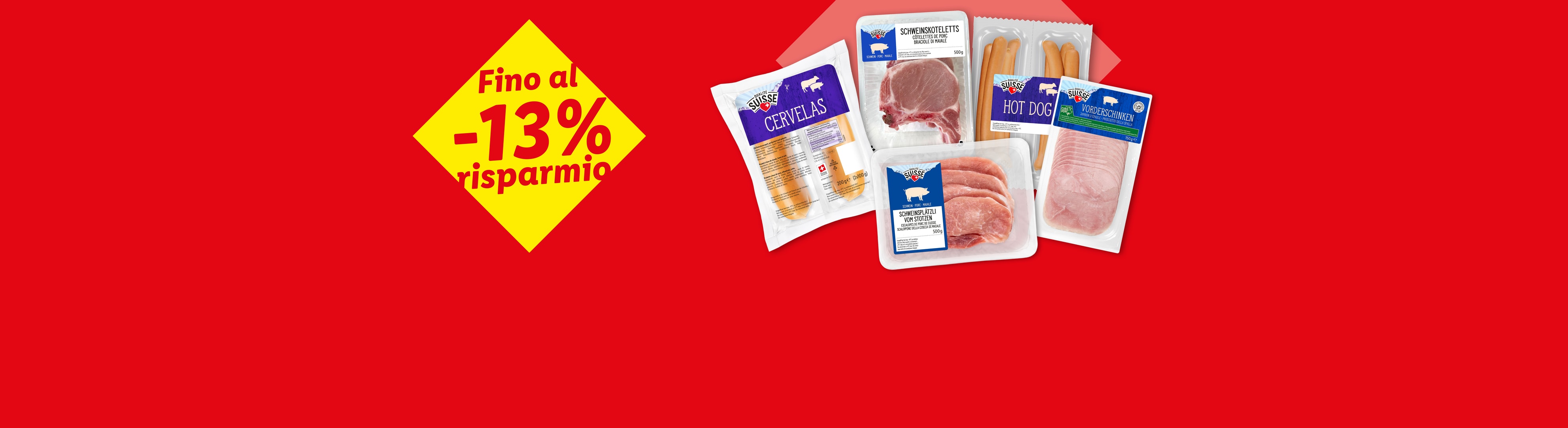 Un assortimento di prodotti di carne e salumi confezionati con un'etichetta di sconto gialla del -13%.
