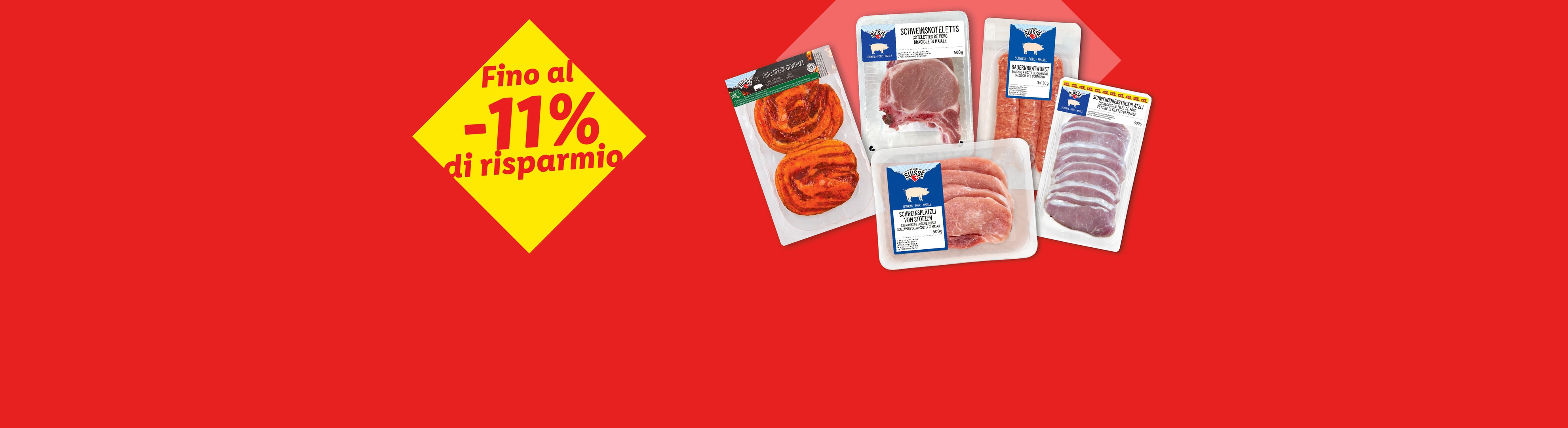 Confezioni di carne di maiale assortite, tra cui cotolette e salsicce, con uno sconto fino all'11%.