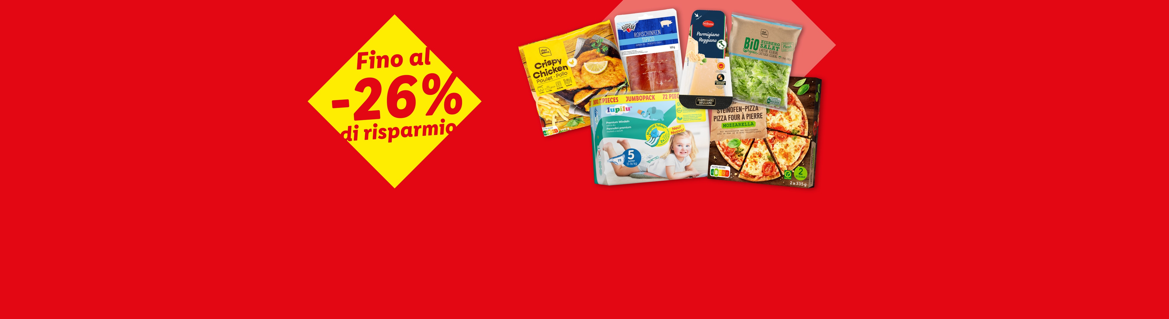 Fino al -26% di sconto su una selezione di prodotti alimentari e pannolini.