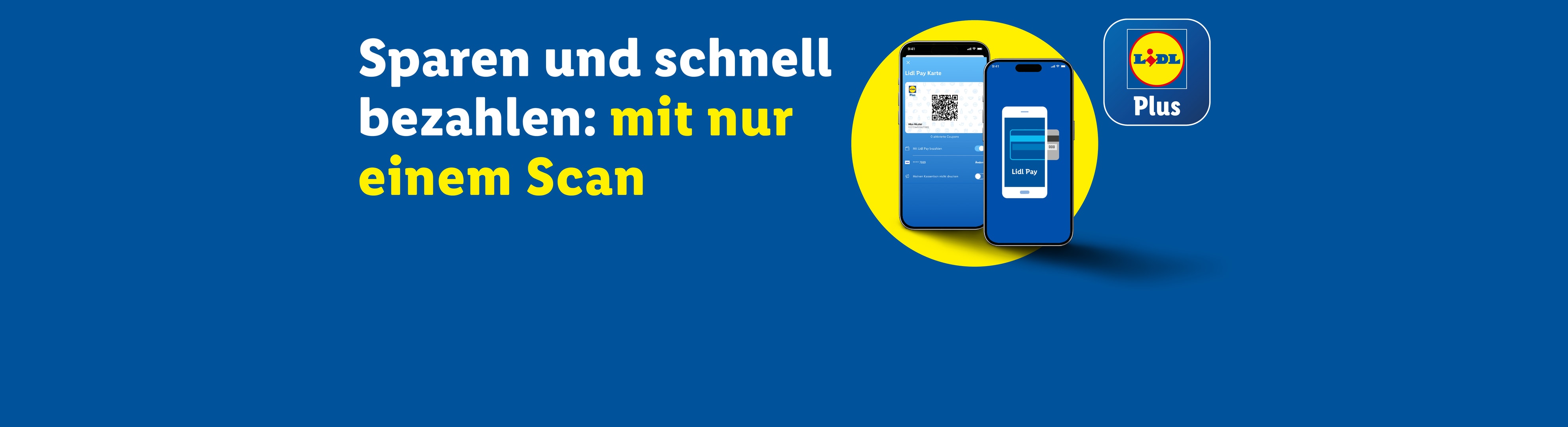 Zwei Smartphones zeigen die App zum Sparen und schnellen Bezahlen mit nur einem Scan, daneben das Plus-Logo.