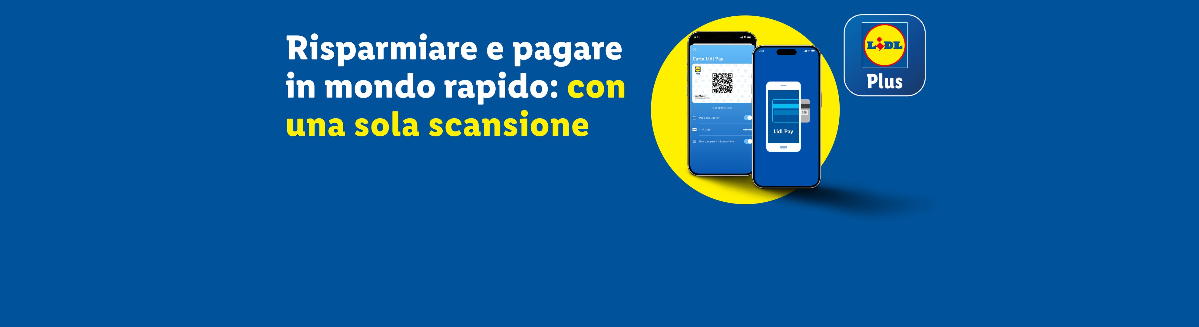 Due smartphone mostrano l'app per risparmiare e pagare velocemente con una scansione.
