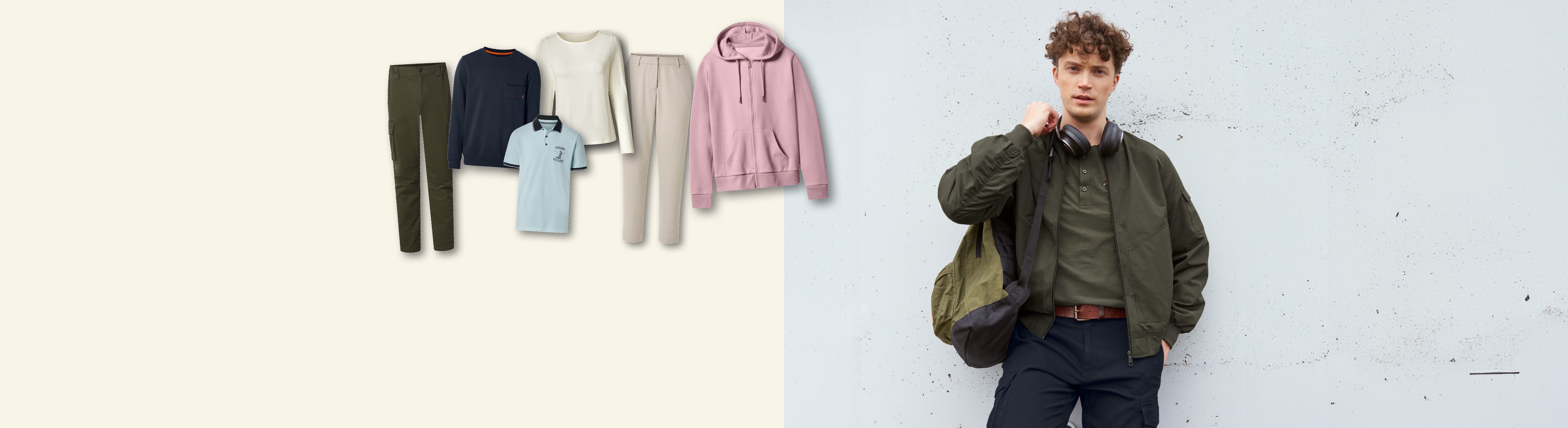 Vêtements décontractés pour hommes et femmes, dont un sweat à capuche rose et un polo bleu.
