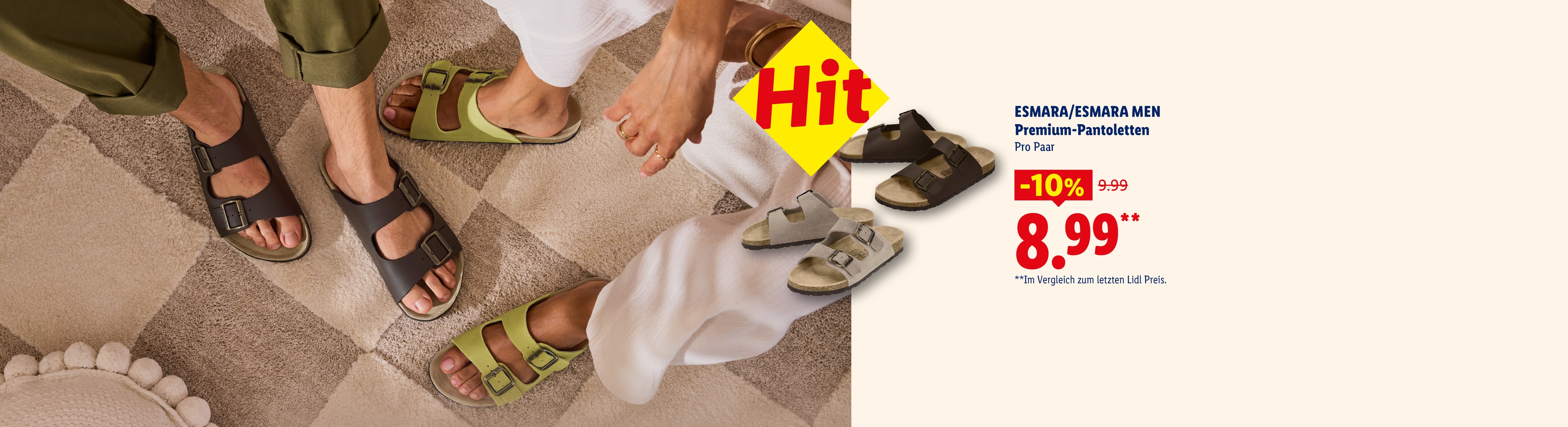 Premium-Pantoletten für Damen und Herren in verschiedenen Farben, mit einem Sonderangebot von 10% Rabatt.