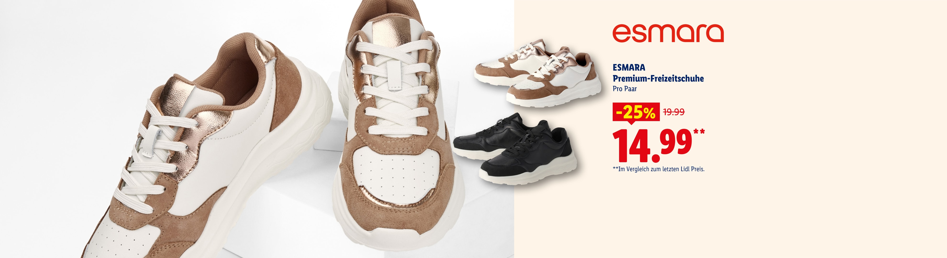 Premium-Freizeitschuhe für Damen in Weiß, Braun und Schwarz, für 14,99 €.
