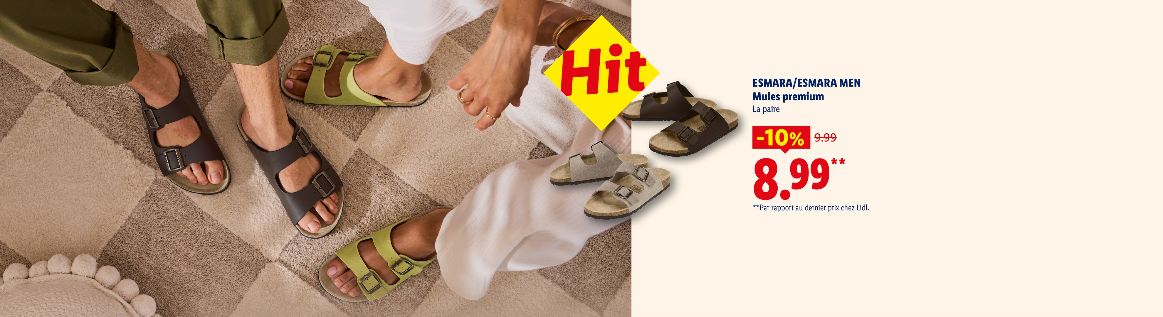 Sandales à deux brides dans différentes nuances de marron et de vert, avec une offre spéciale.