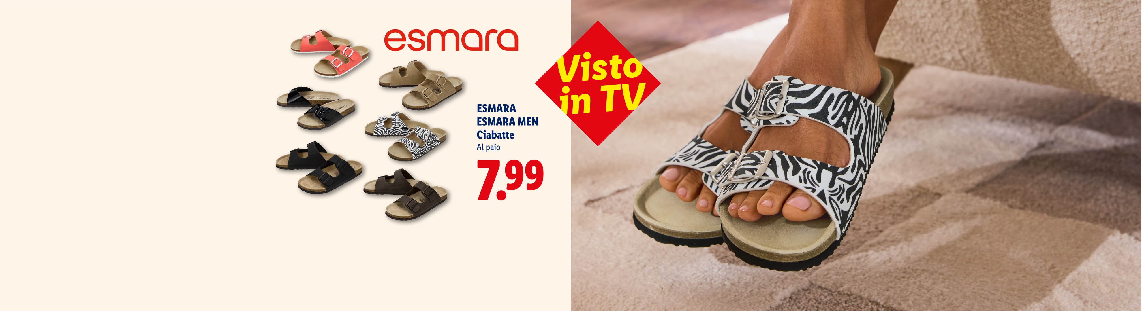 Ciabatte da donna e da uomo in vari colori e fantasie, tra cui zebrato, a 7,99 euro.