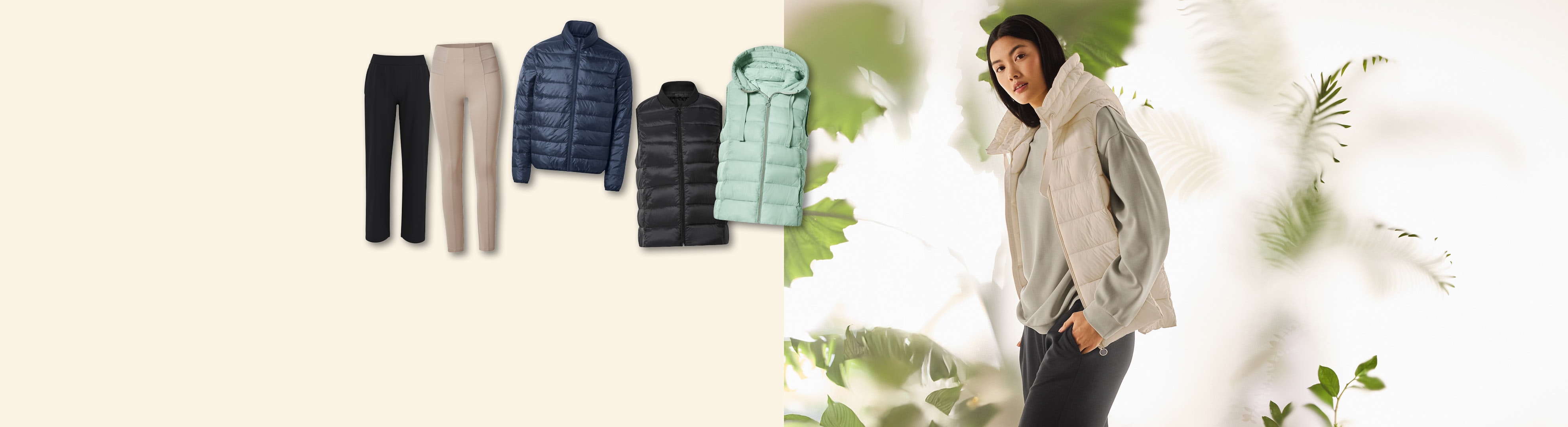 Damen-Oberbekleidung und Hosen, mit einer Frau, die eine Steppweste trägt.