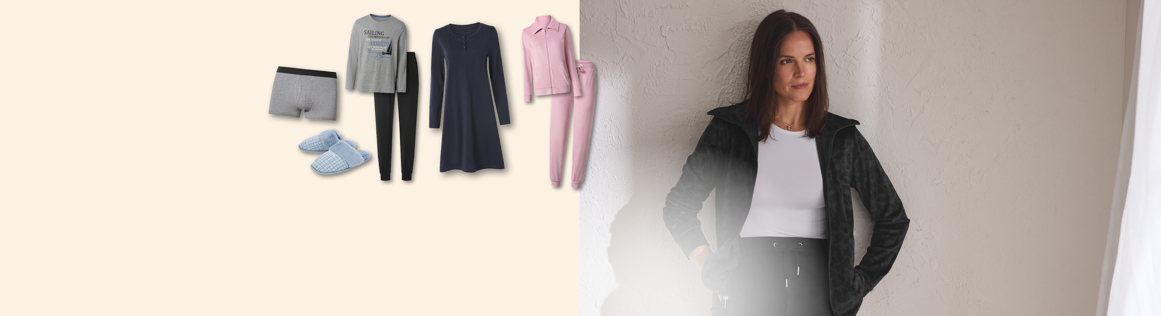 Loungewear und Nachtwäsche: graues Pyjama-Set, blaue Hausschuhe, dunkelblaues Nachthemd, rosa Jogginganzug und eine Frau in schwarzer Jacke.