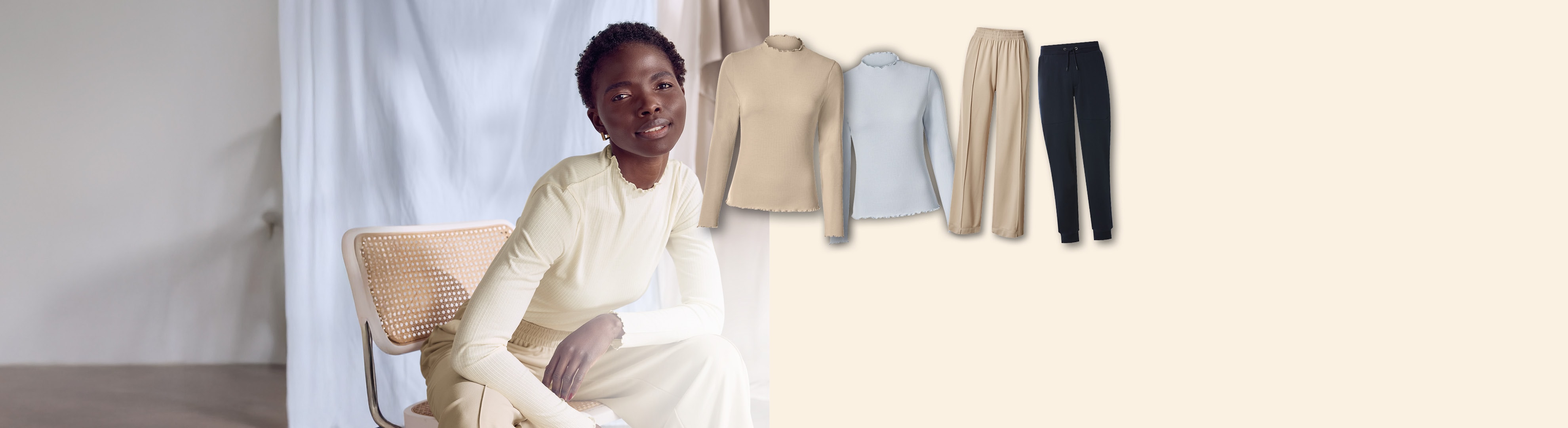 Femme en haut et pantalon côtelés beiges, avec d'autres hauts et pantalons