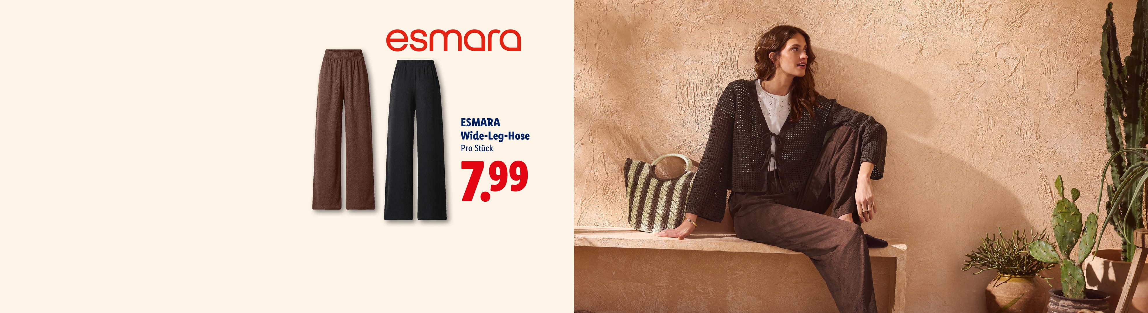 Braune und schwarze Wide-Leg-Hosen für Damen, 7,99 € pro Stück, mit sitzender Frau.