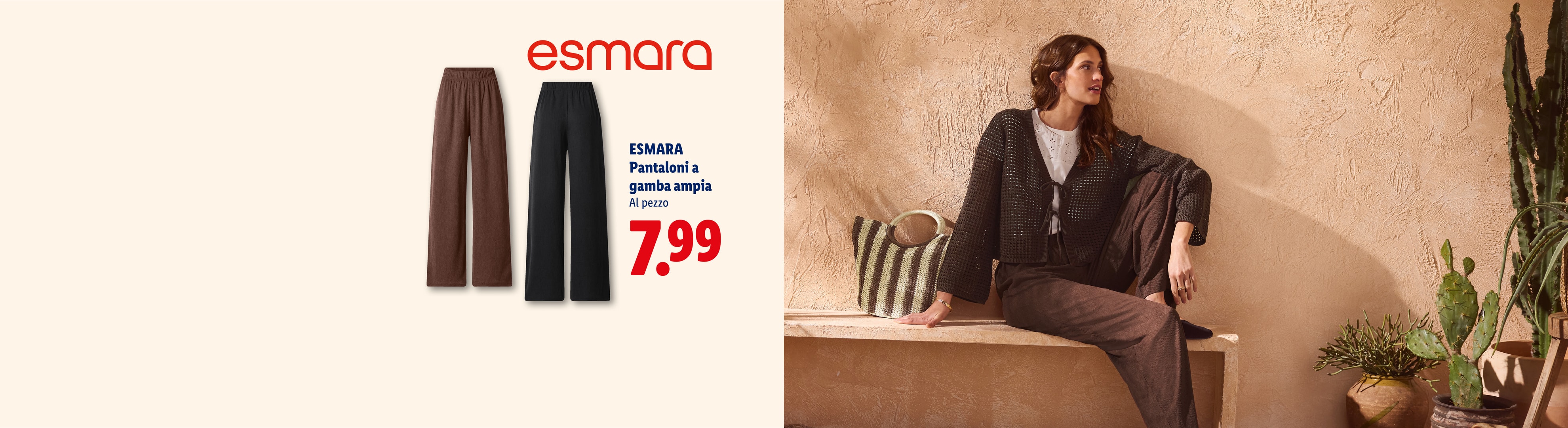 Pantaloni a gamba ampia marroni e neri, con una donna che indossa pantaloni marroni e un cardigan.