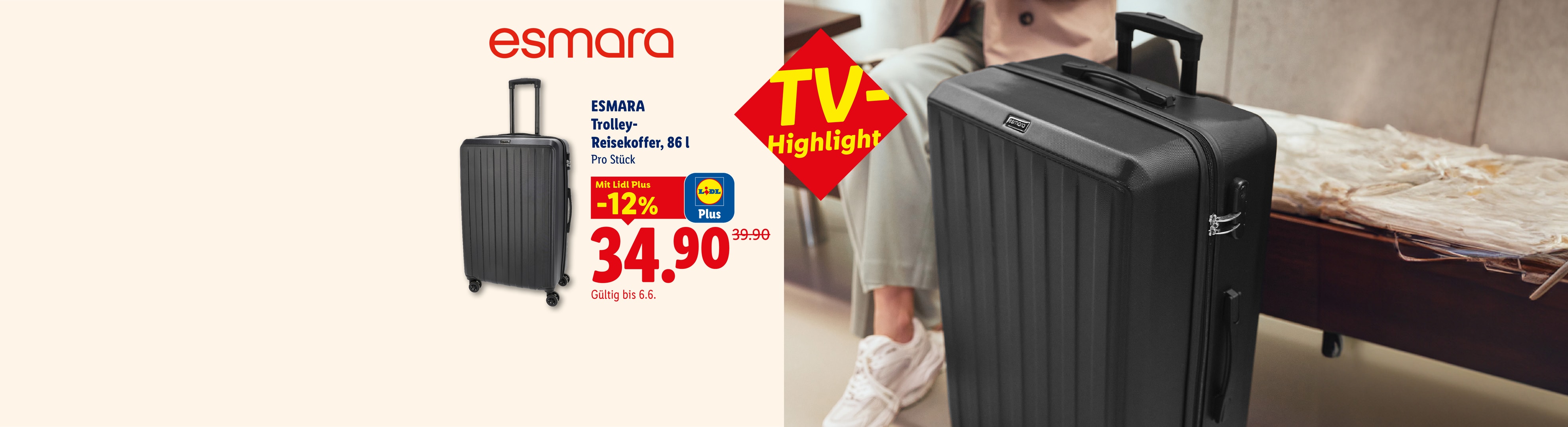 Schwarzer Trolley-Reisekoffer mit Sonderangebot, als „TV-Highlight“ beworben.