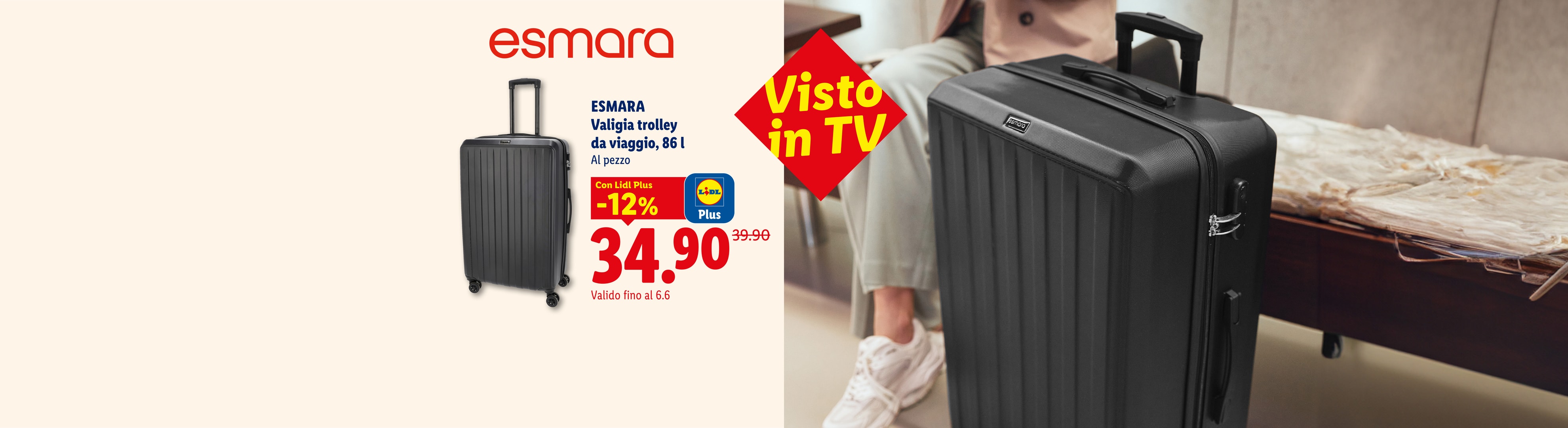 Una valigia trolley nera da 86 litri, in offerta con Lidl Plus, vista in TV.