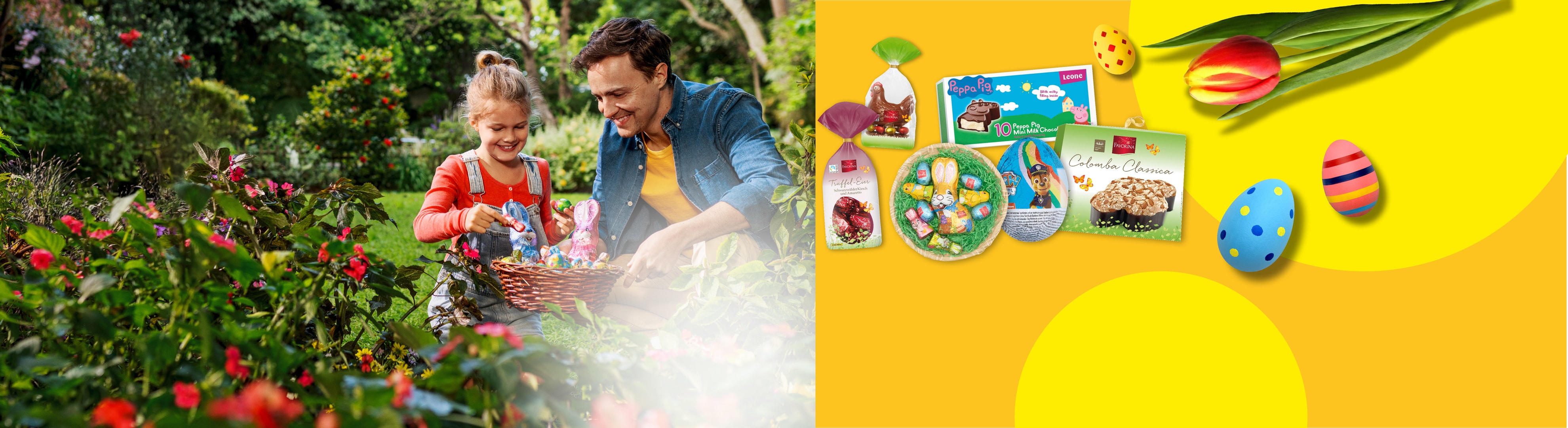 Vater und Tochter bei der Ostereiersuche, mit Schokolade und Ostergebäck.