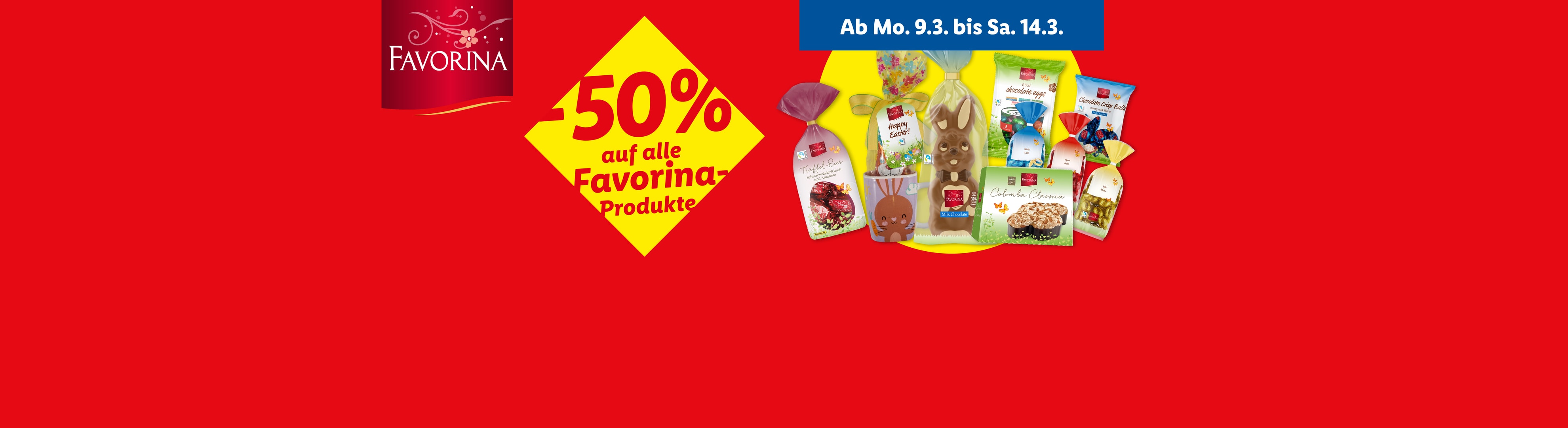Osteraktion mit 50% Rabatt auf Süßwaren, Schokoladen und Kuchenprodukte.