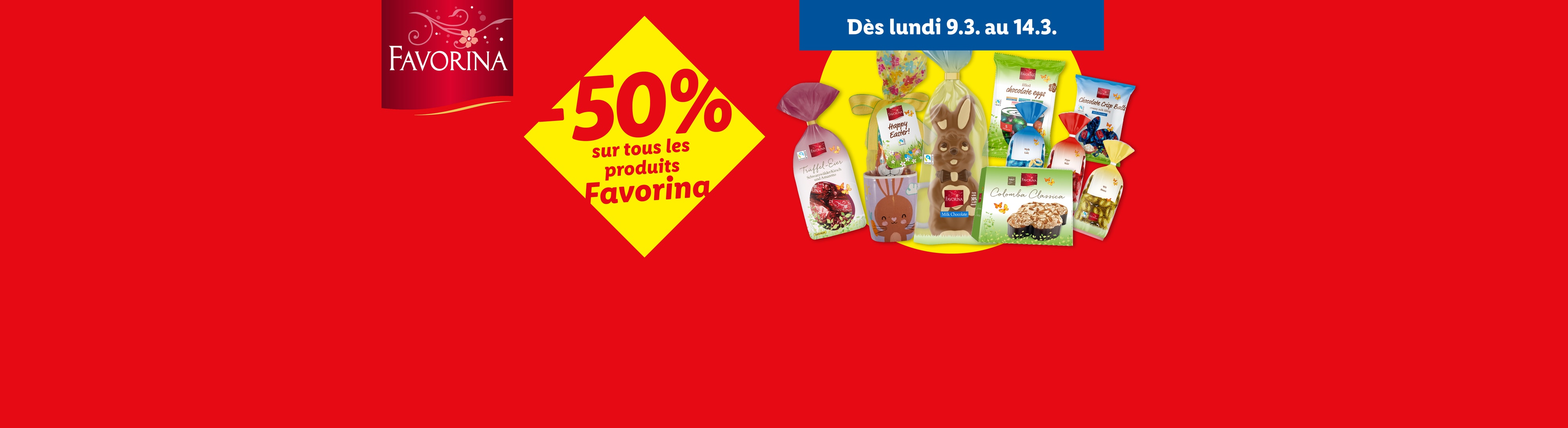 Promotion de Pâques avec 50% de réduction sur les chocolats, œufs et lapins en chocolat.