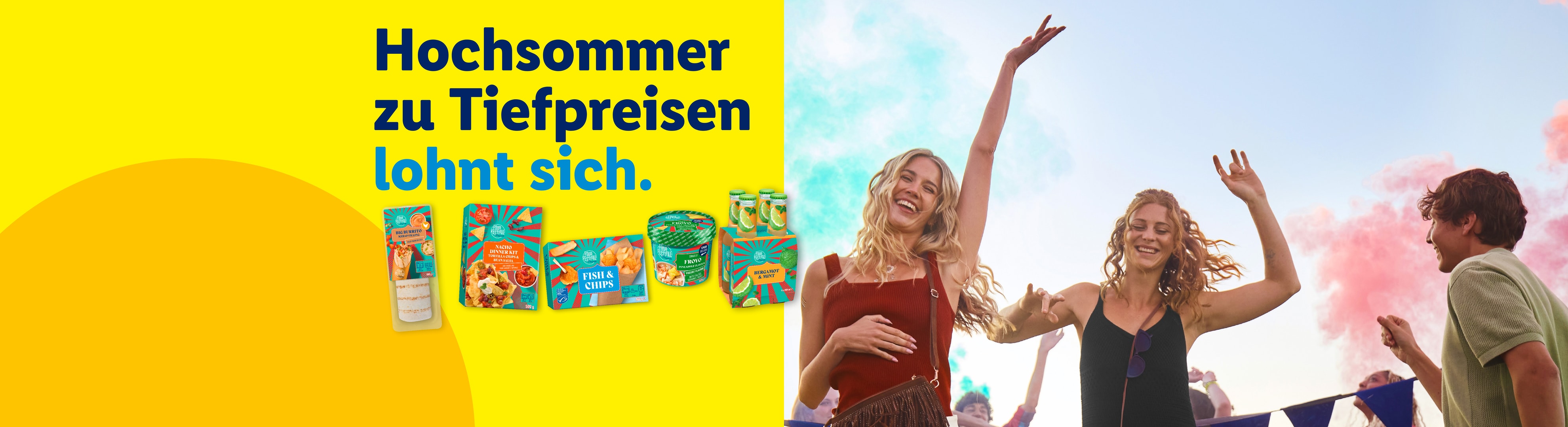 Sommerprodukte zu Tiefpreisen mit fröhlichen Menschen und farbigem Rauch.