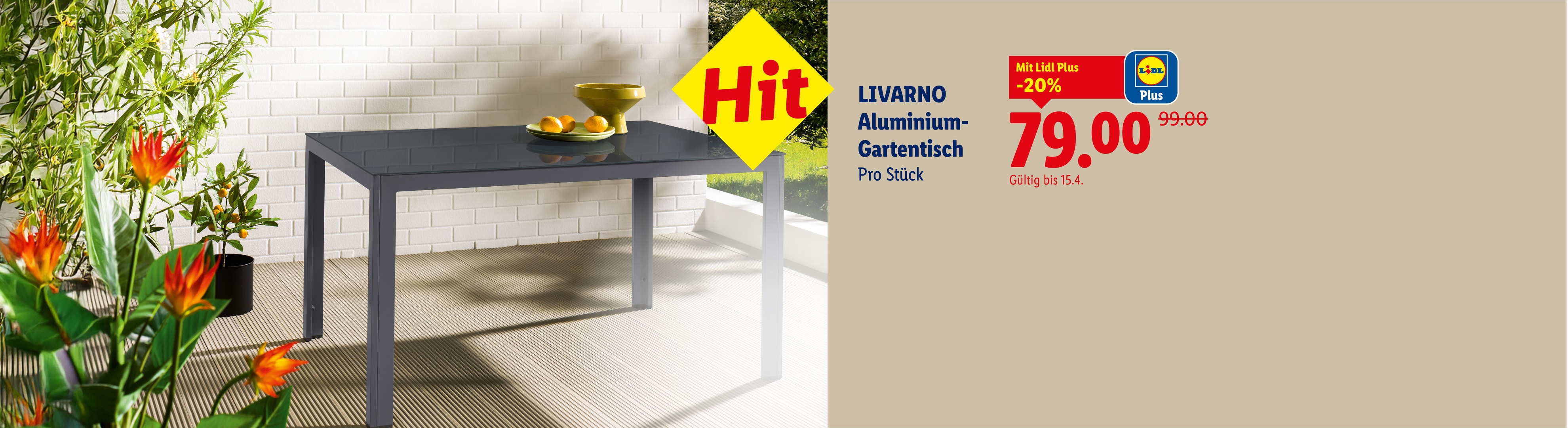 Aluminium-Gartentisch mit 20% Rabatt für 79,00 Euro, gültig bis 15.4.