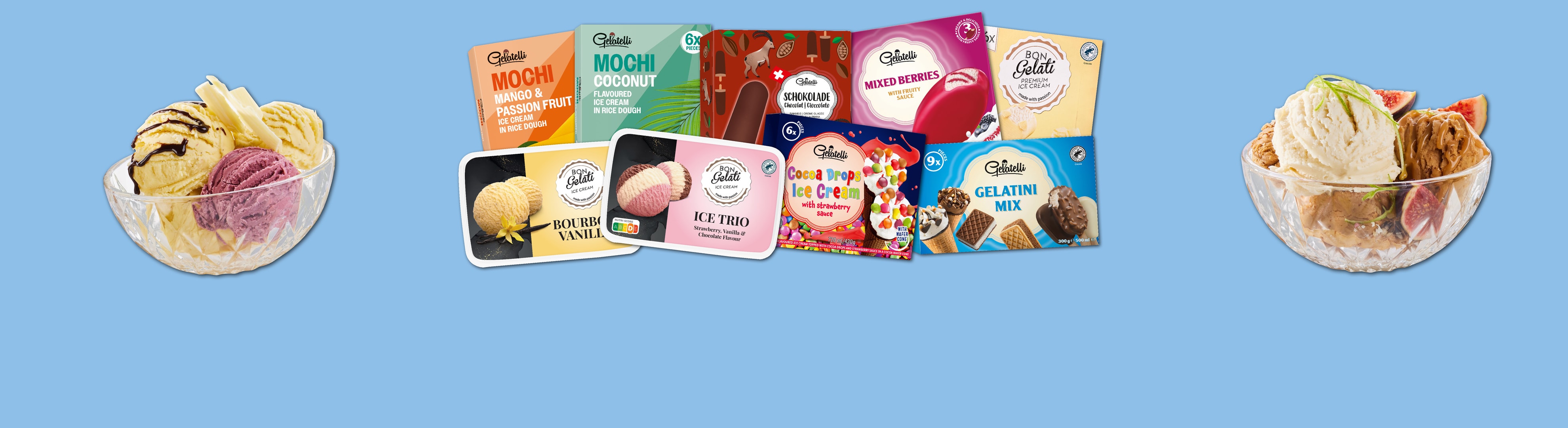 Assortiment de glaces Gelatelli : Mochi, Bon Gelati, Gelatini Mix et différentes saveurs dans divers emballages.