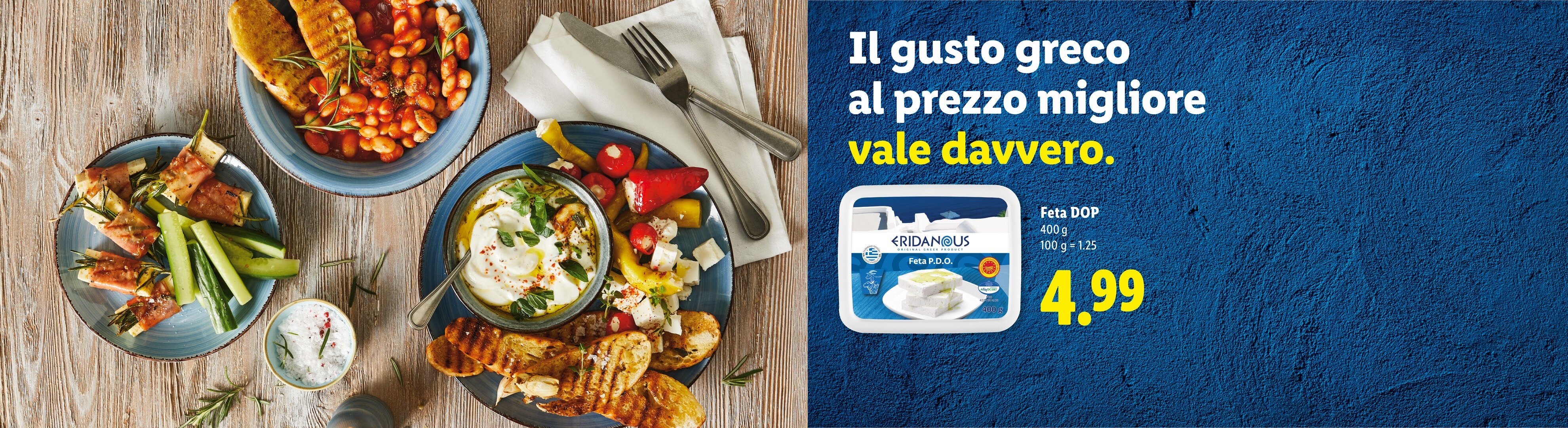 Piatti greci con feta, fagioli e cetrioli, con offerta di feta DOP a 4,99 €.