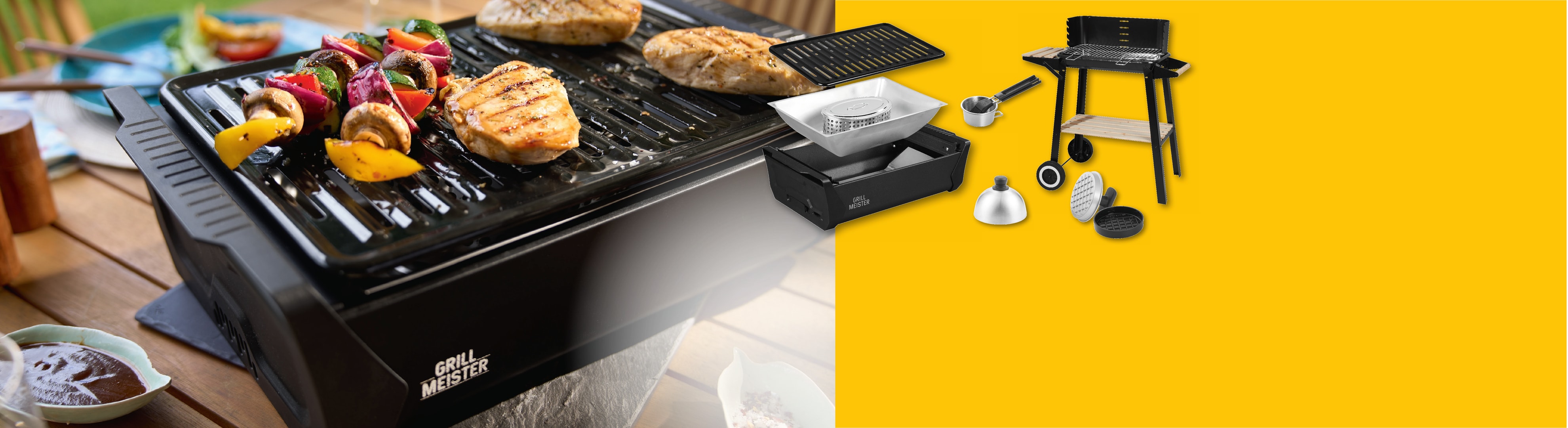 Tischgrill mit Fleisch und Gemüse, sowie verschiedene Grillmodelle und Zubehör.