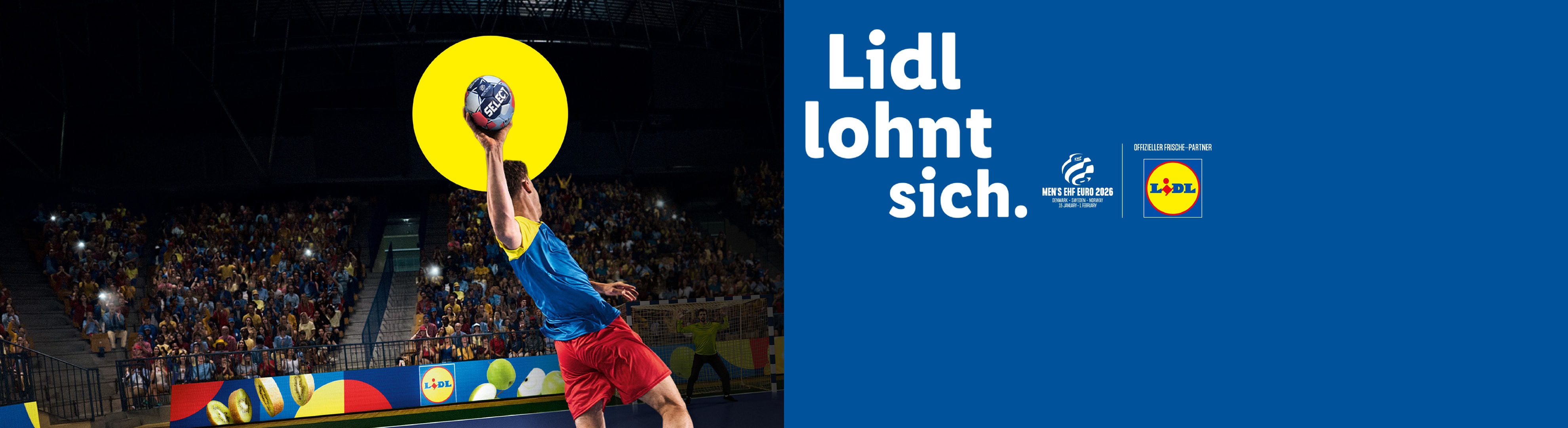 Lidl-Werbung für die Handball-Europameisterschaft 2026 mit einem Spieler und dem Slogan 'Lidl lohnt sich.'