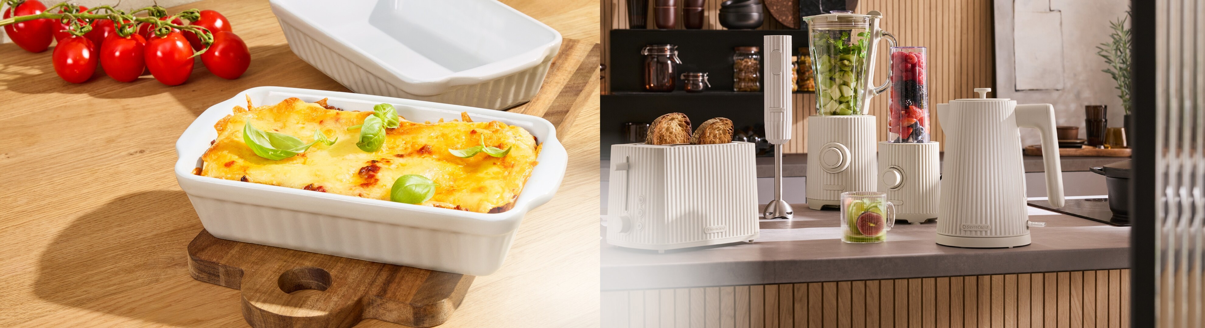 Lasagne in Auflaufform und Küchengeräte wie Toaster, Mixer und Wasserkocher.