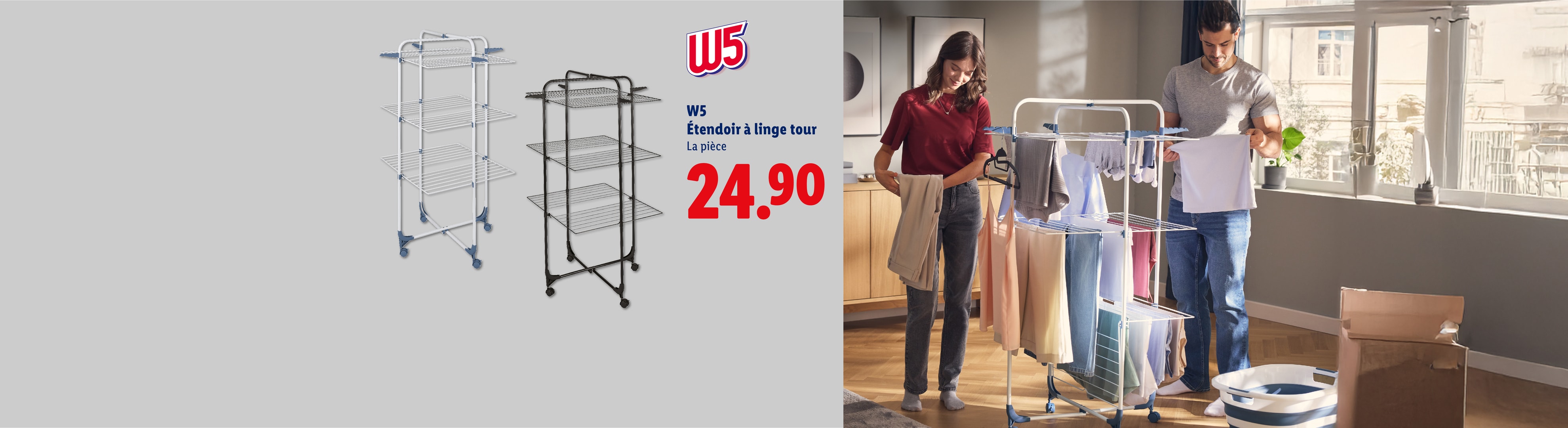 Séchoir à linge tour blanc et noir à 24,90, avec un couple étendant du linge.