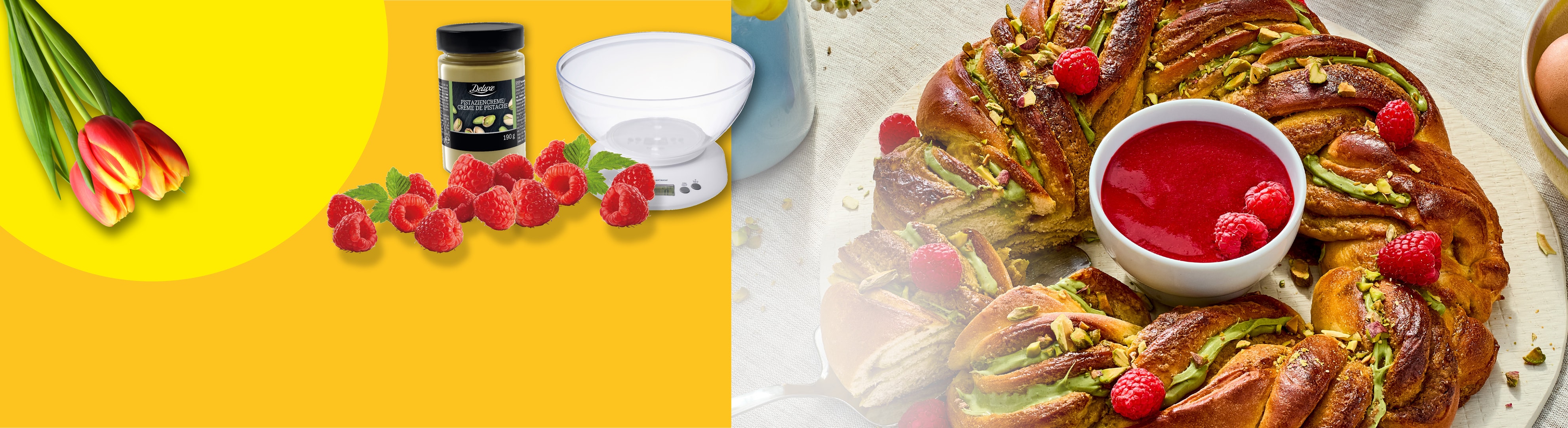 Tulpen, Pistaziencreme, Himbeeren und Küchenwaage, mit einem geflochtenen Hefezopf.