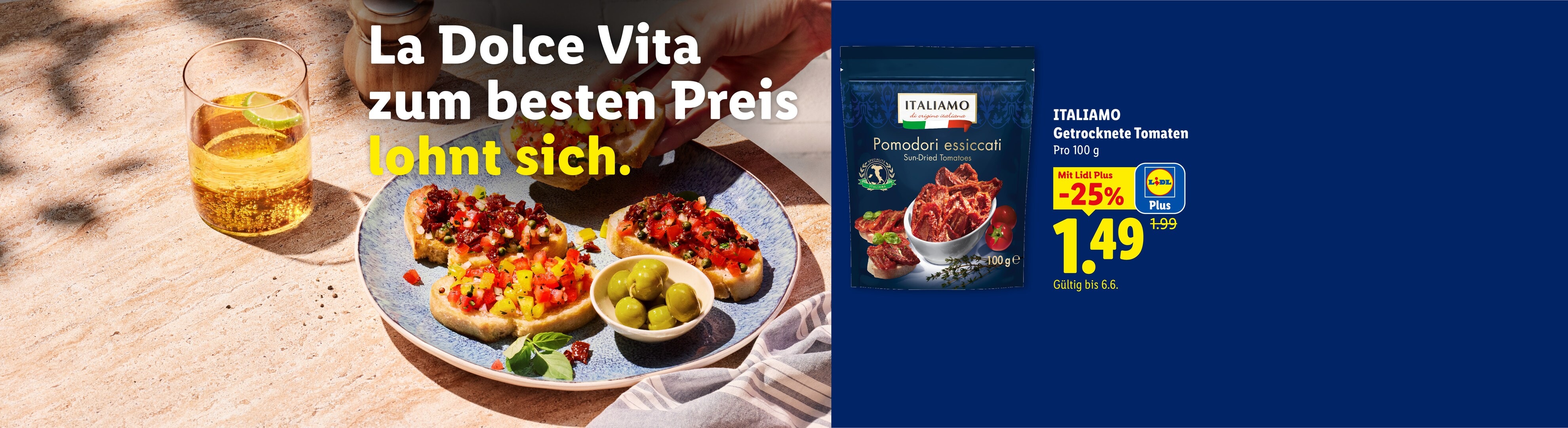 Bruschetta mit Tomaten und Oliven, dazu ein Getränk und getrocknete Tomaten im Angebot.