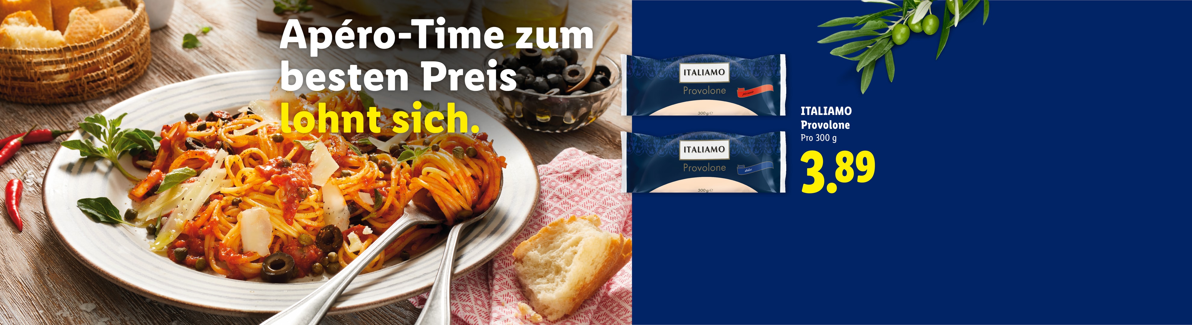 Spaghetti mit Tomatensauce und Provolone-Käse für 3,89 €.